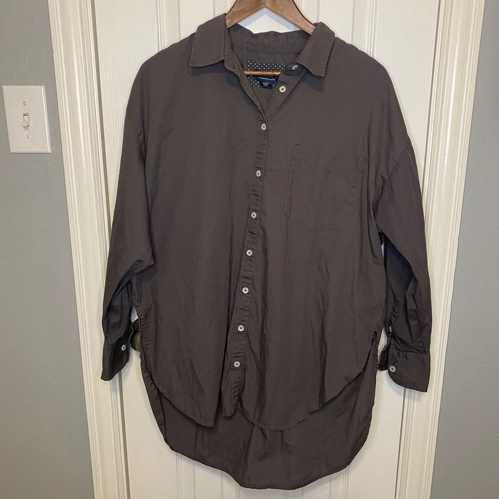 Maeve Anthropologie Womens Large Gray Cotton Button Down High Low Oversized Top